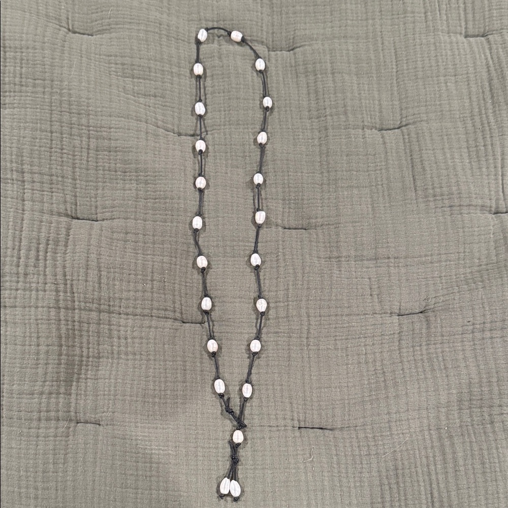 Mother of Pearl and Black Leather Lariat Necklace